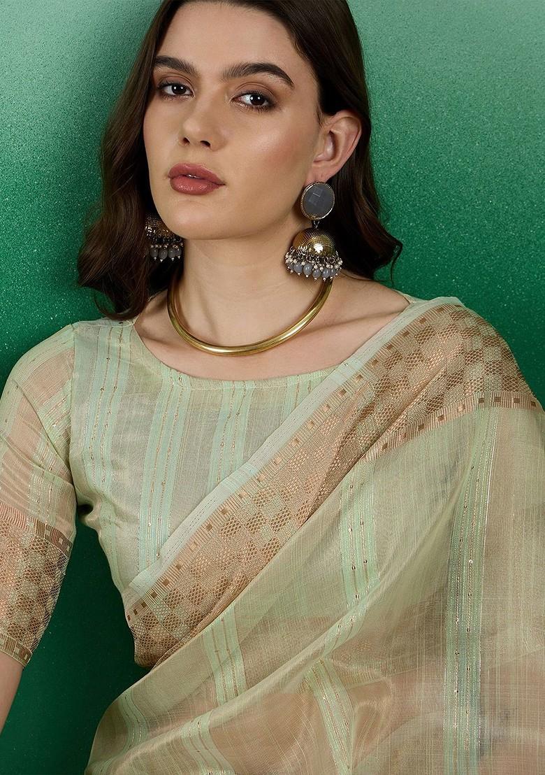 Green Organza Poly Blend Sarees