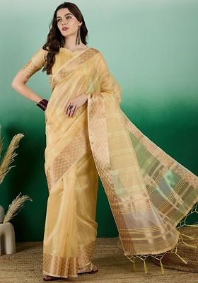 Yellow Organza Poly Blend Sarees