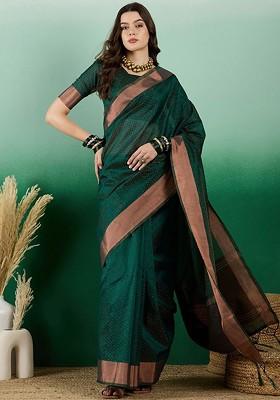 Green Organza Poly Blend Sarees
