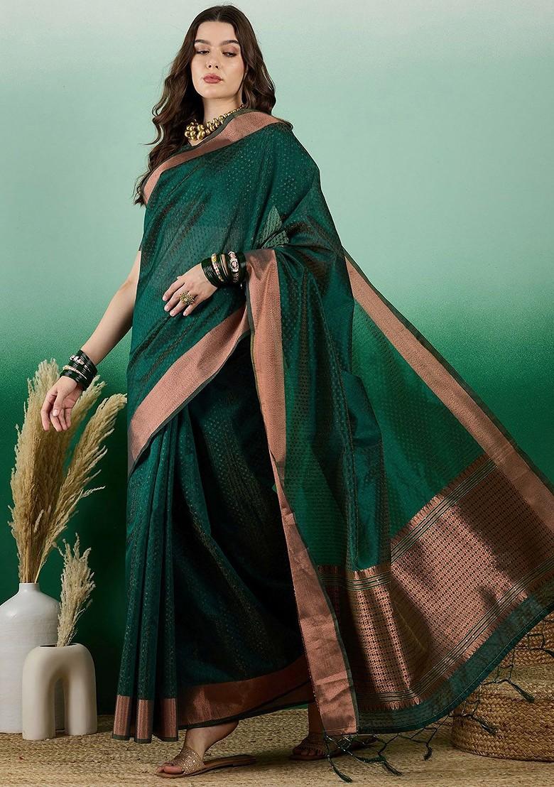 Green Organza Poly Blend Sarees