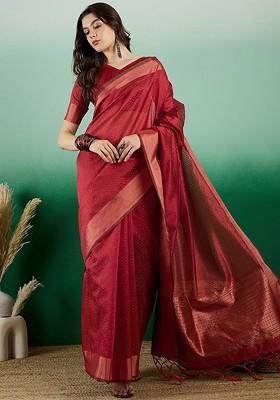Red Organza Poly Blend Sarees