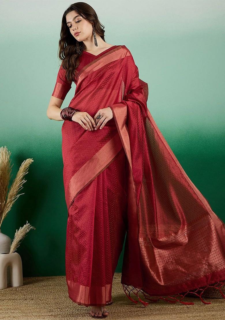 Red Organza Poly Blend Sarees