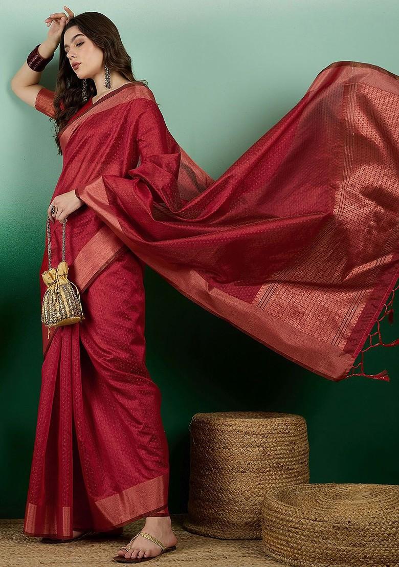 Red Organza Poly Blend Sarees