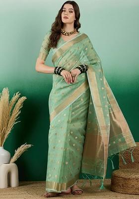 Green Organza Poly Blend Sarees