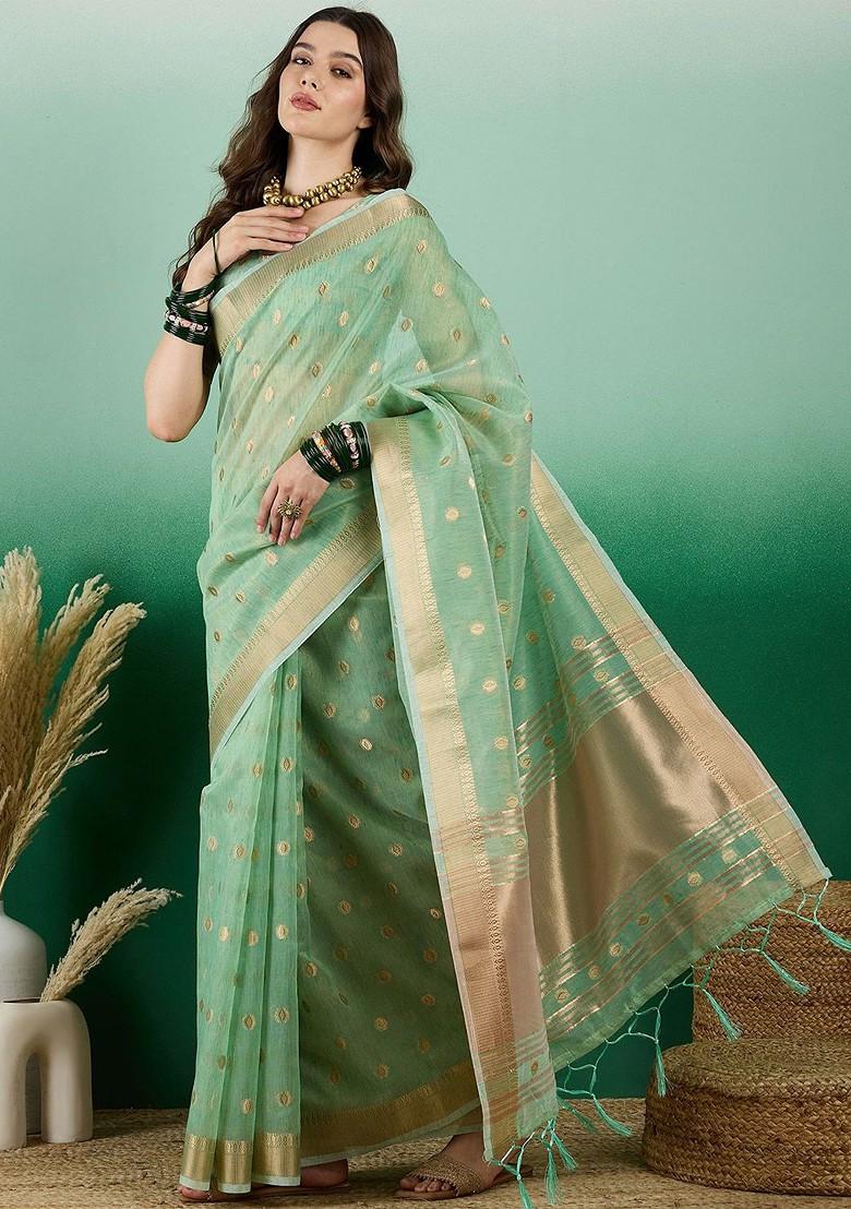 Green Organza Poly Blend Sarees
