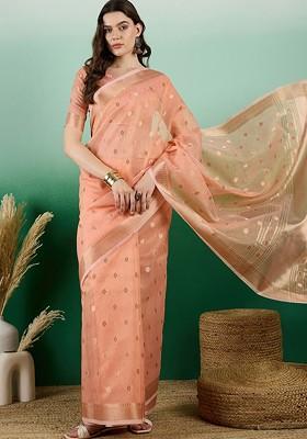 Orange Organza Poly Blend Sarees