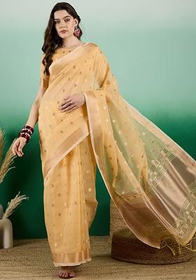 Yellow Organza Poly Blend Sarees