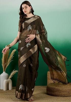 Green Organza Poly Blend Sarees