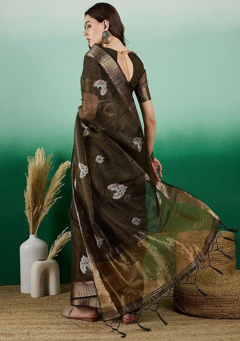 Green Organza Poly Blend Sarees