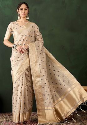 Beige Organza Poly Blend Sarees