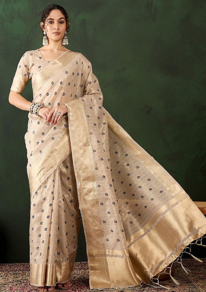 Beige Organza Poly Blend Sarees