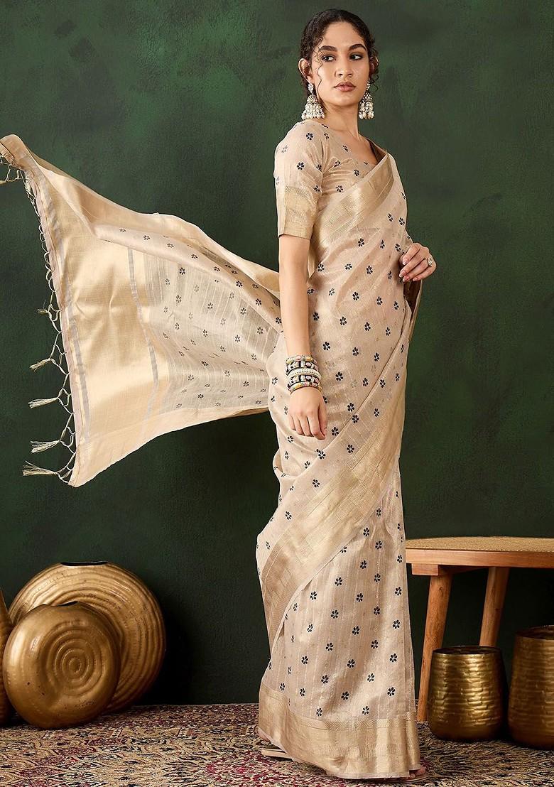 Beige Organza Poly Blend Sarees