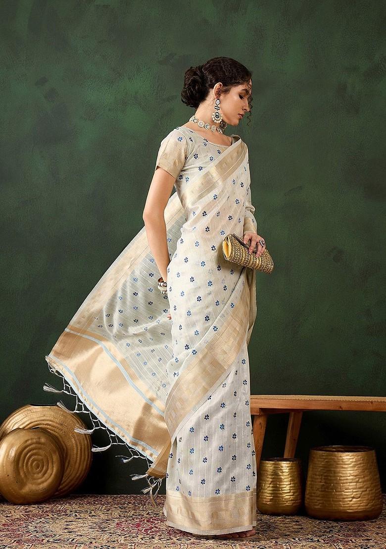 Blue Organza Poly Blend Sarees