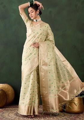 Green Organza Poly Blend Sarees