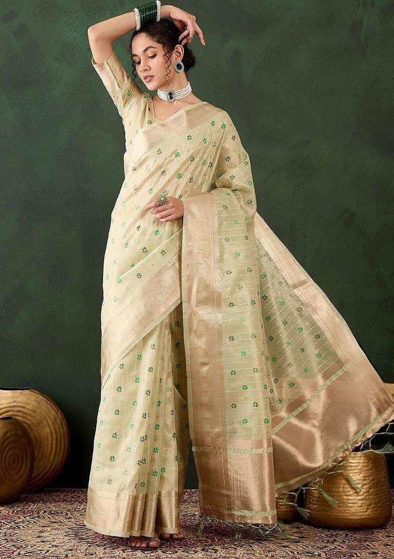 Green Organza Poly Blend Sarees