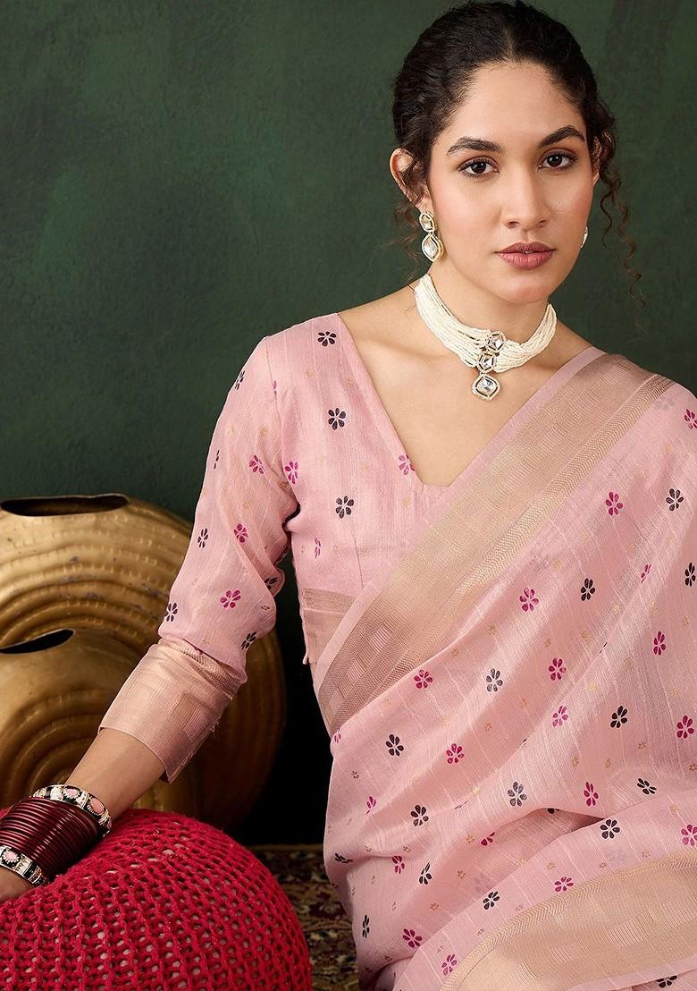 Peach Organza Poly Blend Sarees