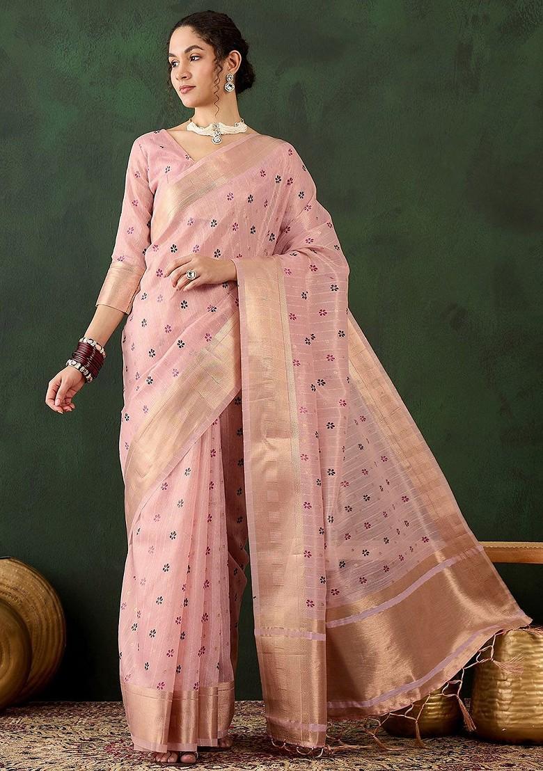 Peach Organza Poly Blend Sarees