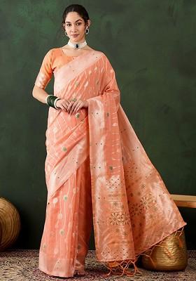 Orange Embroidered Poly Blend Sarees