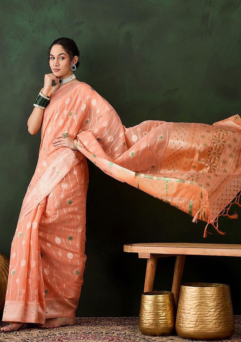 Orange Embroidered Poly Blend Sarees