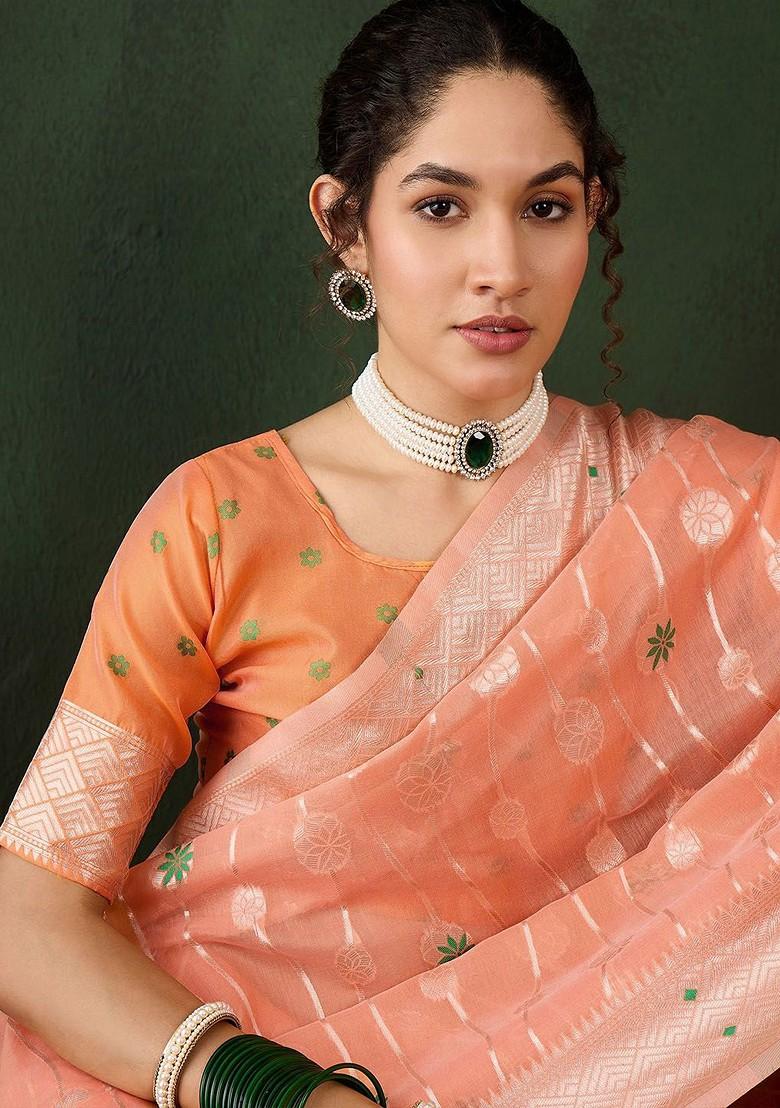 Orange Embroidered Poly Blend Sarees