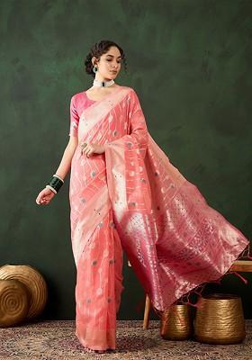 Peach Embroidered Poly Blend Sarees