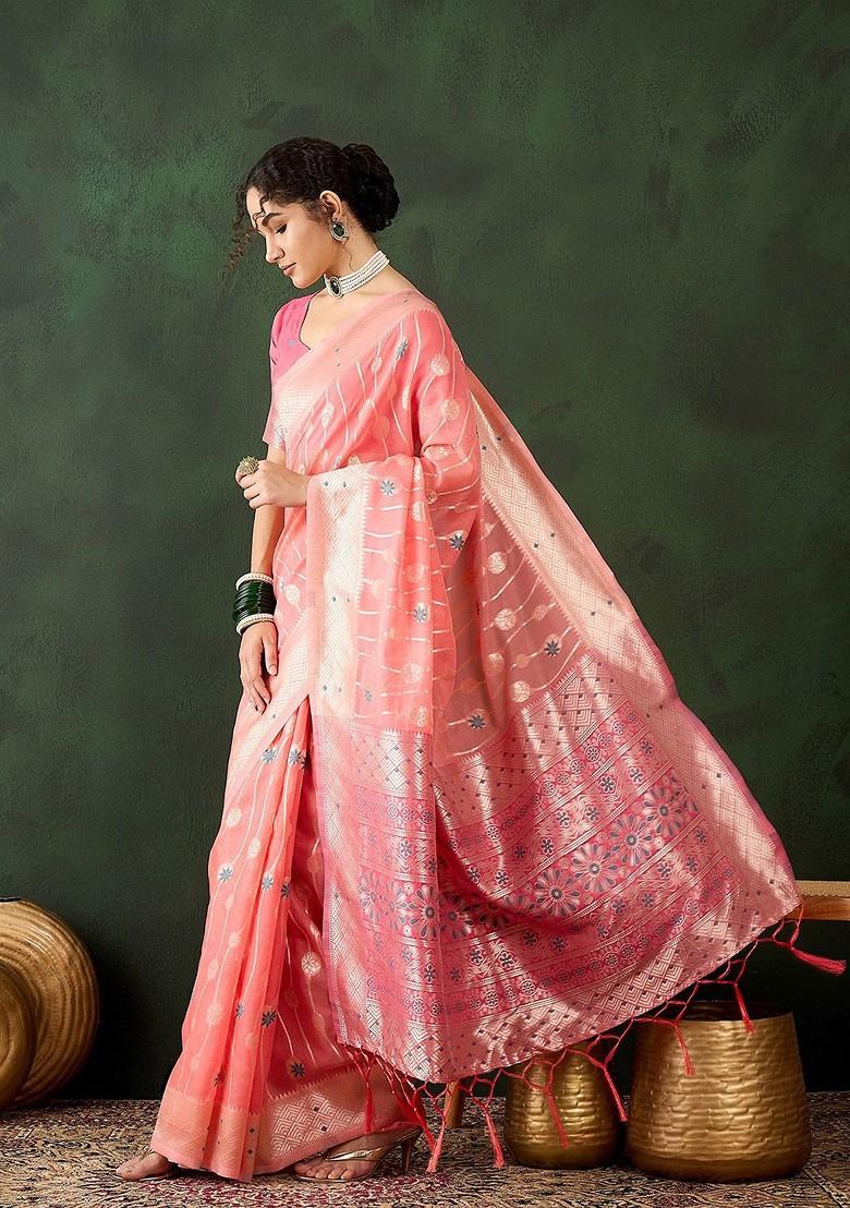 Peach Embroidered Poly Blend Sarees