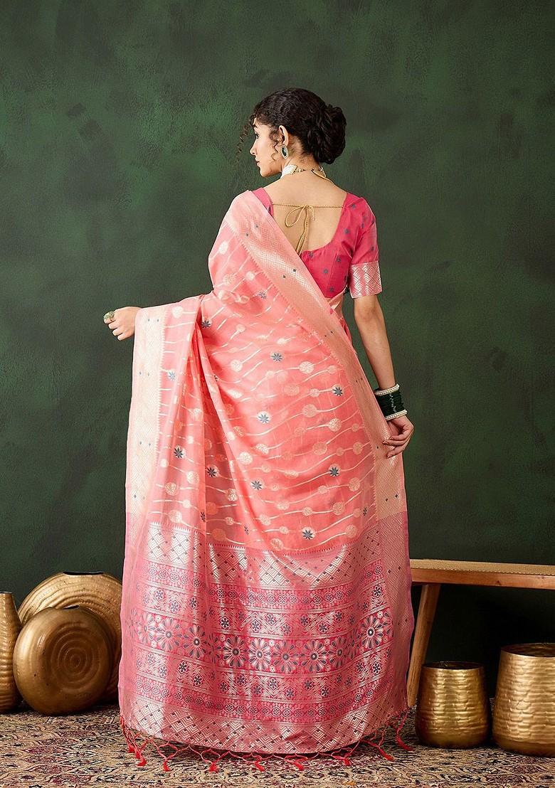 Peach Embroidered Poly Blend Sarees
