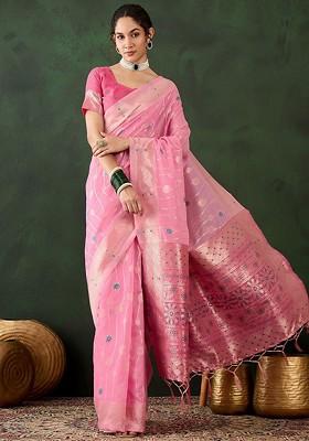 Pink Embroidered Poly Blend Sarees