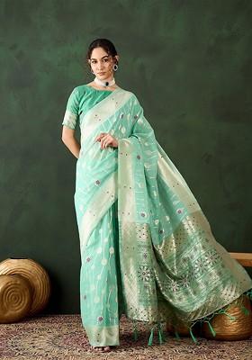 Green Embroidered Poly Blend Sarees