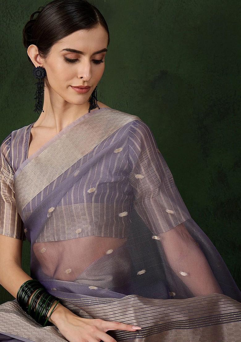 Purple Organza Poly Blend Sarees