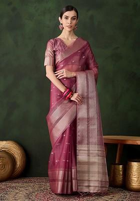 Pink Organza Poly Blend Sarees