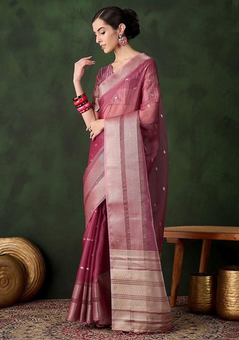 Pink Organza Poly Blend Sarees