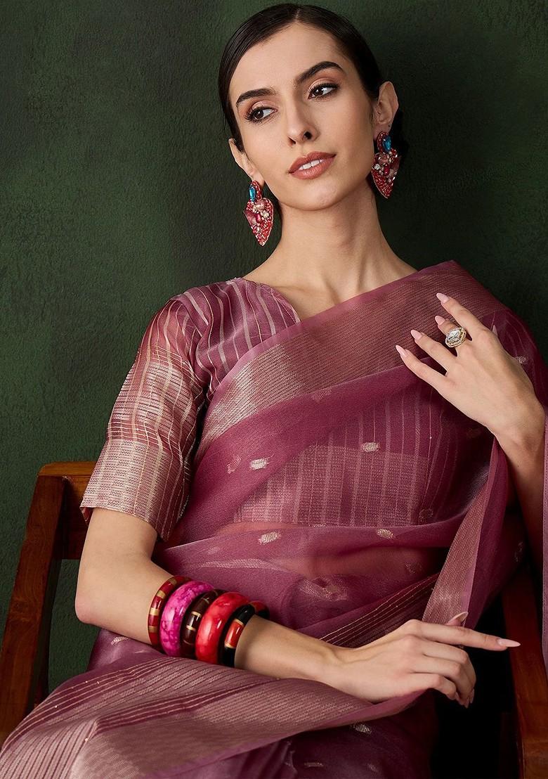 Pink Organza Poly Blend Sarees