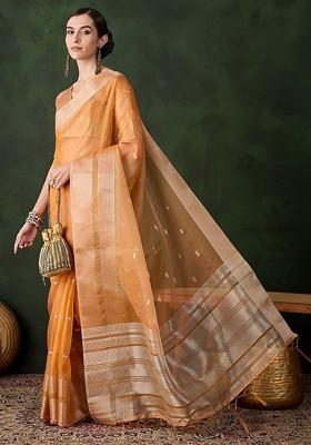 Orange Organza Poly Blend Sarees