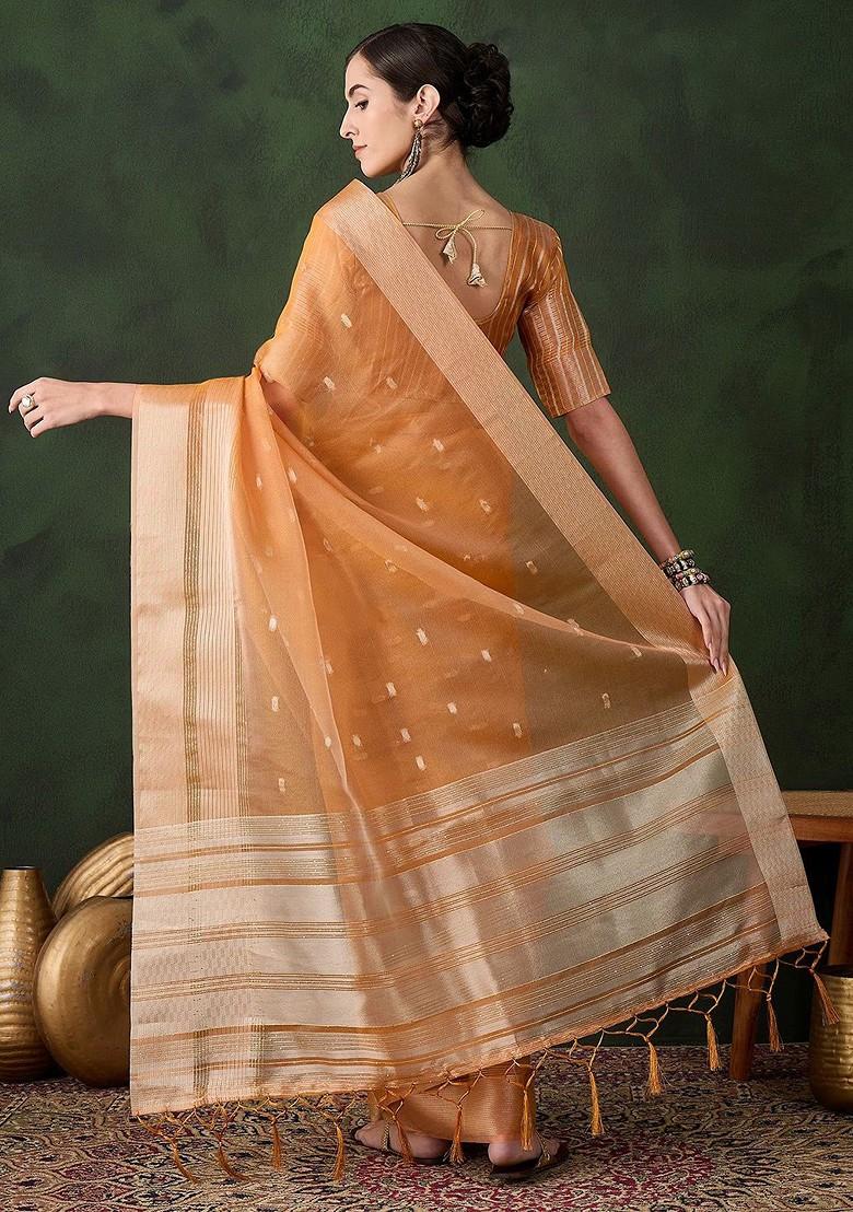 Orange Organza Poly Blend Sarees