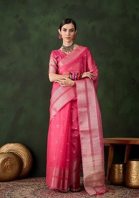 Pink Organza Poly Blend Sarees