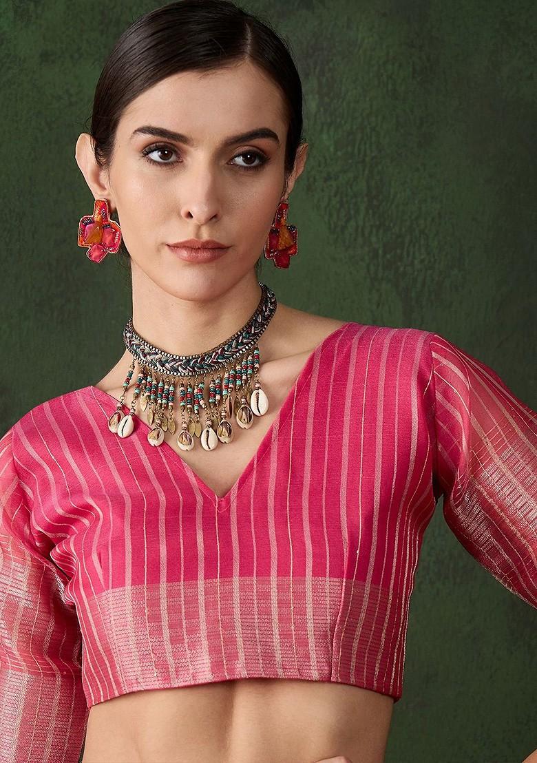 Pink Organza Poly Blend Sarees