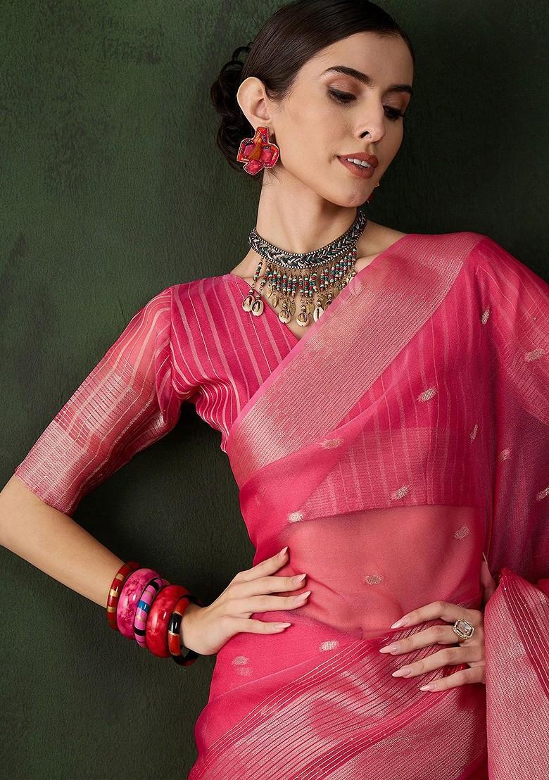 Pink Organza Poly Blend Sarees