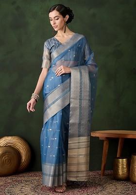 Green Organza Poly Blend Sarees