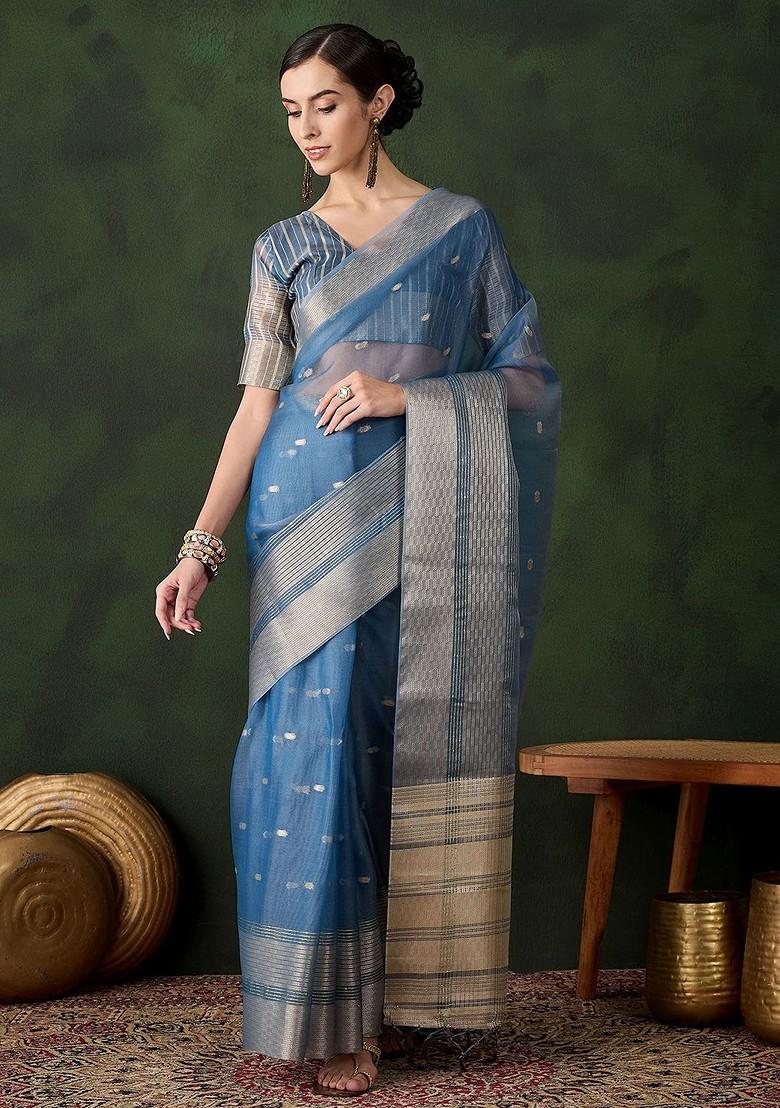 Green Organza Poly Blend Sarees