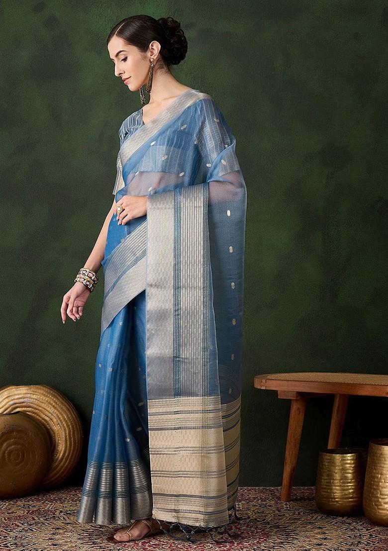 Green Organza Poly Blend Sarees