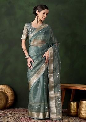 Green Organza Poly Blend Sarees