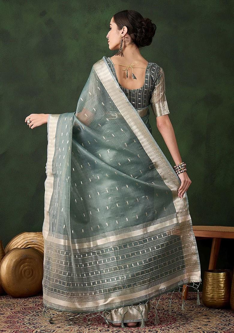 Green Organza Poly Blend Sarees