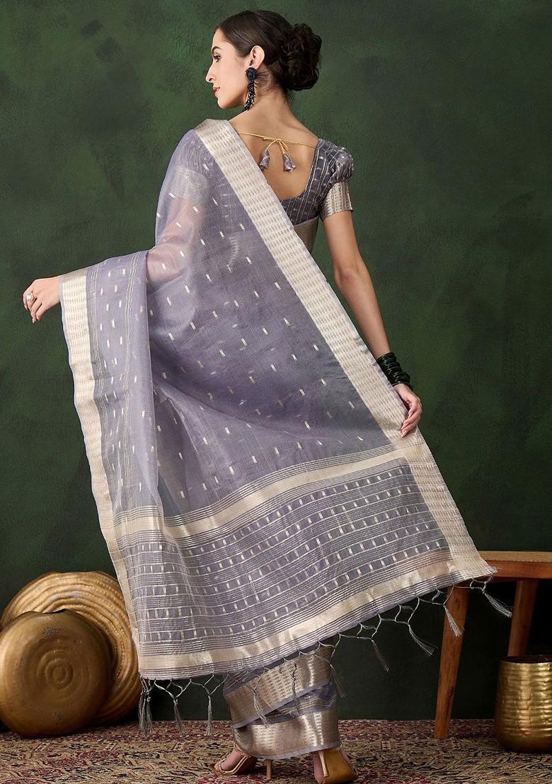 Grey Organza Poly Blend Sarees
