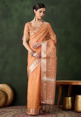 Orange Organza Poly Blend Sarees