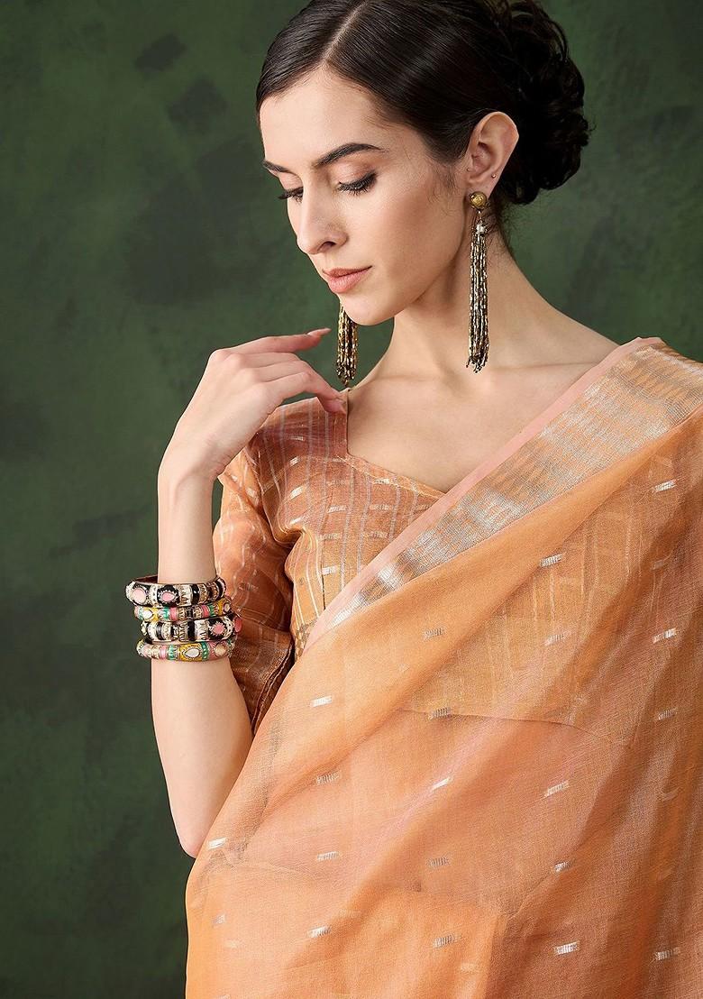 Orange Organza Poly Blend Sarees