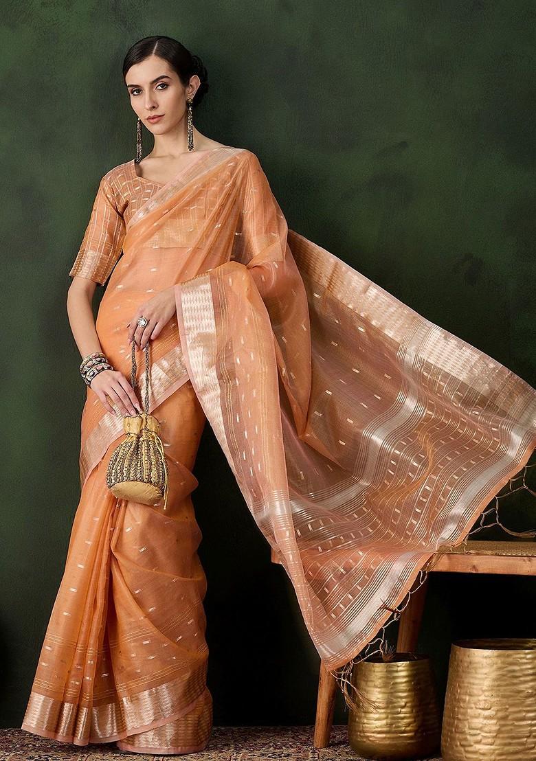 Orange Organza Poly Blend Sarees