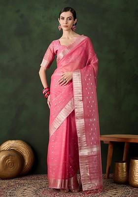 Pink Organza Poly Blend Sarees