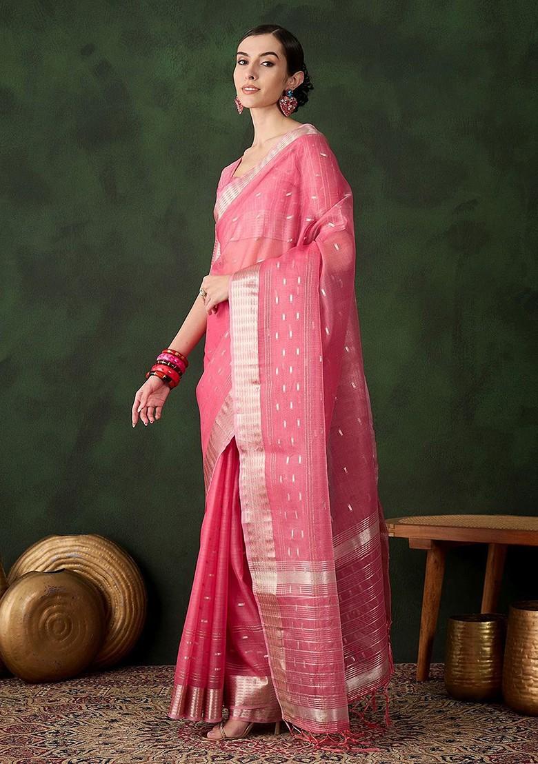 Pink Organza Poly Blend Sarees