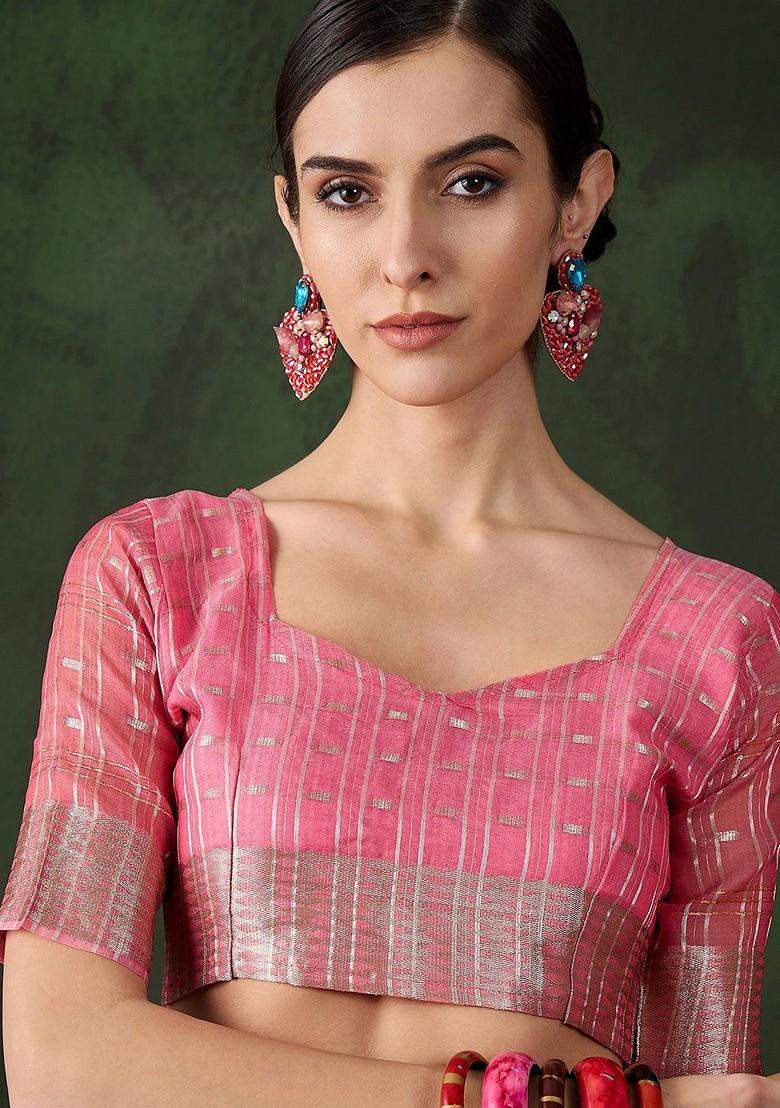 Pink Organza Poly Blend Sarees